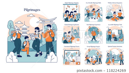 Pilgrimage set. Various modern journey concepts for spiritual seekers and cultural explorers. Diverse travel groups, digital tools, and eco-friendly routes. Vector illustration. Pilgrimage set. Various modern journey concepts for spiritual seekers and cultural explorers. Diverse travel groups, digital tools, and eco-friendly routes. Vector illustration. 118224269