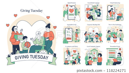 Giving Tuesday set. Illustrations depict various forms of charity and support including digital donations and sustainable giving. Workplace and community-based philanthropy. Vector illustration. Giving Tuesday set. Illustrations depict various forms of charity and support including digital donations and sustainable giving. Workplace and community-based philanthropy. Vector illustration. 118224271