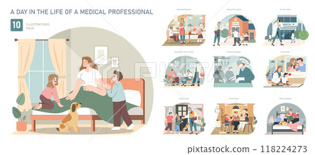 Medical Professional Life set. Balancing family duties with healthcare work. Patient care, surgical procedures, and personal life moments. Vector illustration. Medical Professional Life set. Balancing family duties with healthcare work. Patient care, surgical procedures, and personal life moments. Vector illustration. 118224273