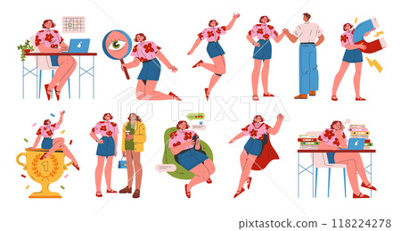 Young Businesswoman Set. Diverse professional activities and achievements. Office work, collaboration, victory celebration, social networking. Vector illustration. 118224278