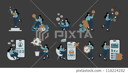 Businesswoman set. Financial success, investment strategy, and online banking services illustrated with a female character engaging in various business activities. Vector illustration. Businesswoman set. Financial success, investment strategy, and online banking services illustrated with a female character engaging in various business activities. Vector illustration. 118224282