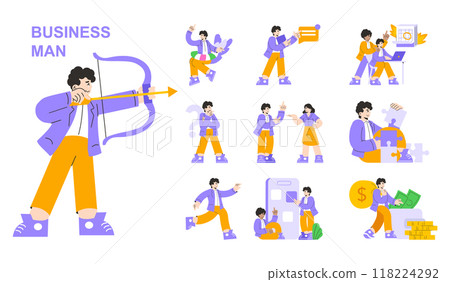 Businessman set. Diverse corporate activities from goal setting to financial success. Professional scenarios in a modern workplace. Vector illustration. 118224292