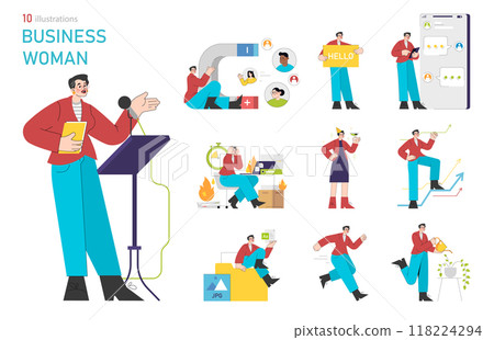 Business Woman set. Diverse professional scenarios ranging from public speaking to managing crises. Career growth, networking, and multitasking. Vector illustration. Business Woman set. Diverse professional scenarios ranging from public speaking to managing crises. Career growth, networking, and multitasking. Vector illustration. 118224294