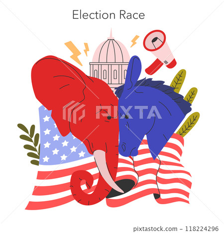 Election Race concept. Animated elephant and donkey representing political parties in the US with Capitol silhouette. Democracy and competition theme. Vector illustration. Election Race concept. Animated elephant and donkey representing political parties in the US with Capitol silhouette. Democracy and competition theme. Vector illustration. 118224296