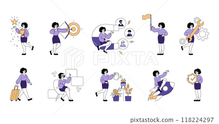 Businesswoman set. Professional woman in various work scenarios, showcasing leadership and productivity. Career development actions. Vector illustration. Businesswoman set. Professional woman in various work scenarios, showcasing leadership and productivity. Career development actions. Vector illustration. 118224297