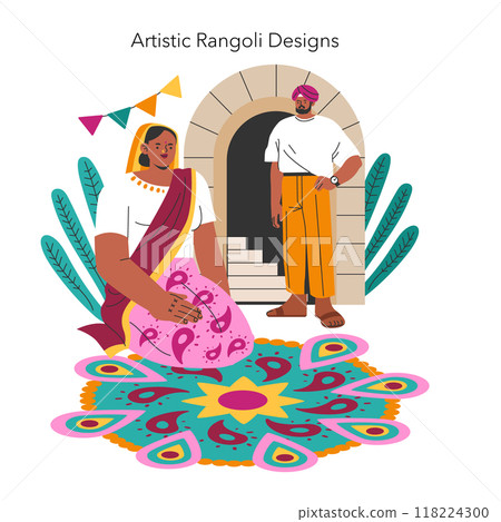 Navaratri celebration concept. Indian woman creating a colorful Rangoli design with a man observing, symbolizing festive traditions. Vector illustration. 118224300