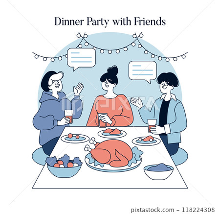 Friendship concept. Three friends enjoying a festive meal together, sharing stories and laughter beneath string lights. Vector illustration. 118224308