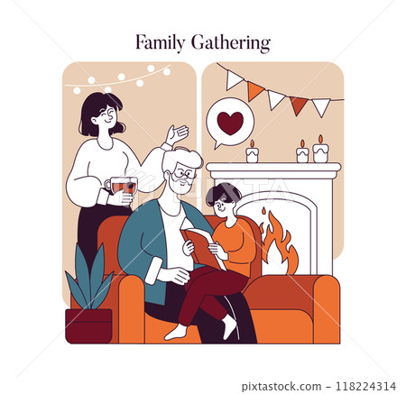 Thanksgiving Day concept. Warm family gathering with festive mood by the hearth. Cozy home celebration scene with decorations. Vector illustration. 118224314