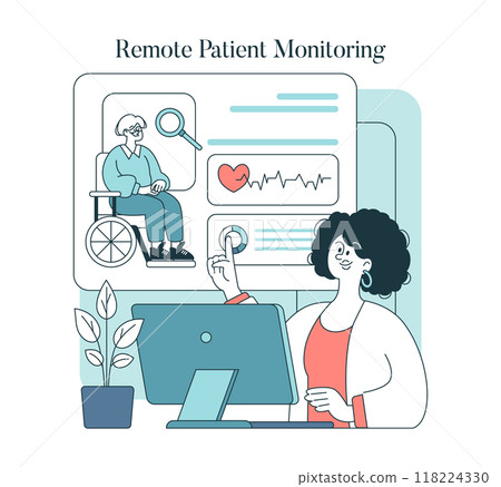 Remote Patient Monitoring concept. A healthcare professional analyzes data from a patient in a wheelchair. Advanced medical surveillance technology. Vector illustration. 118224330