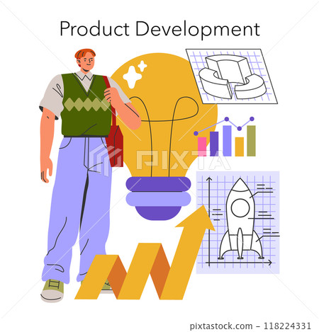 Business startup concept. Entrepreneur with idea lightbulb, growth charts, and rocket sketch symbolizing innovation. Vector illustration. 118224331