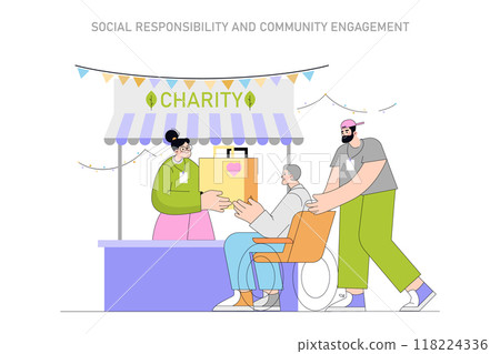 Community charity event illustration. Volunteers providing assistance to elderly person at a donation stall. Social engagement and support. Vector illustration. Community charity event illustration. Volunteers providing assistance to elderly person at a donation stall. Social engagement and support. Vector illustration. 118224336