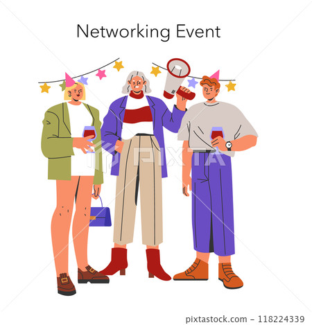 Networking Event concept. Professionals mingling and communicating at a casual gathering. Social interaction, exchanging ideas, and building connections. Vector illustration. Networking Event concept. Professionals mingling and communicating at a casual gathering. Social interaction, exchanging ideas, and building connections. Vector illustration. 118224339