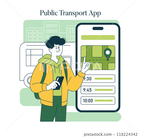 World Car Free Day concept. Illustration showcasing a person using a public transport app to navigate city buses, promoting eco-friendly travel. Vector illustration. 118224342