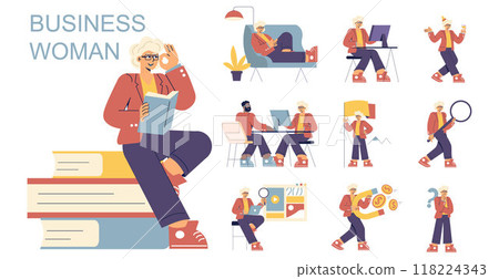 Businesswoman set. Professional female in various work scenarios, from meetings to analysis. Leadership, success, and multitasking. Vector illustration. 118224343