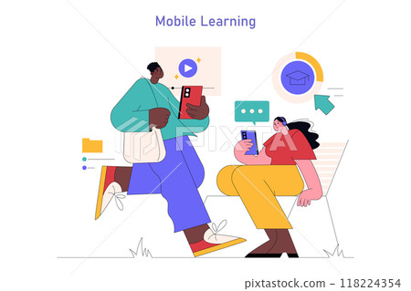 Mobile Learning concept. Diverse adults engage in education through smartphones, accessing multimedia resources. Interactive, on-the-go training. Vector illustration. Mobile Learning concept. Diverse adults engage in education through smartphones, accessing multimedia resources. Interactive, on-the-go training. Vector illustration. 118224354