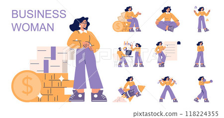 Businesswoman set. Professional female in various work scenarios, from strategy to financial success. Corporate leadership and success. Vector illustration. Businesswoman set. Professional female in various work scenarios, from strategy to financial success. Corporate leadership and success. Vector illustration. 118224355