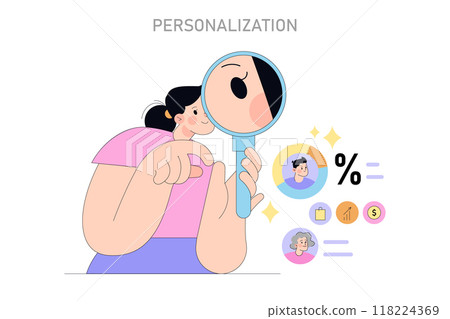 Personalization concept. A whimsical portrayal of customized services with a magnifying glass highlighting individual preferences. Client satisfaction, loyalty gains, and tailored marketing tactics 118224369