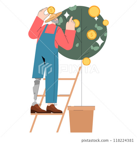 Diversity businessman concept. An inclusive businessman with a prosthetic leg tends to a money tree, symbolizing growth and investment. Vector illustration. 118224381