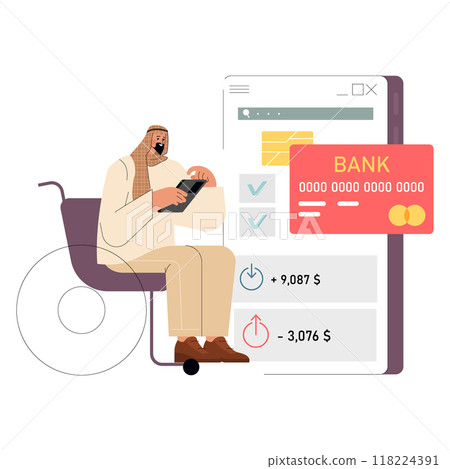 Diverse businessman on wheelchair managing finances online, checking bank account balance on mobile. Inclusive banking concept. Vector illustration. 118224391