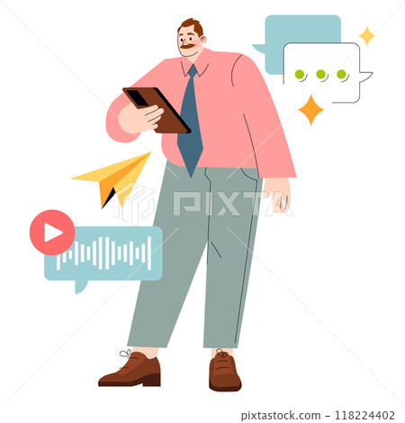 Diversity businessman concept. Corporate professional with tablet engaged in digital communication. Modern workplace connectivity and technology. Vector illustration. Diversity businessman concept. Corporate professional with tablet engaged in digital communication. Modern workplace connectivity and technology. Vector illustration. 118224402