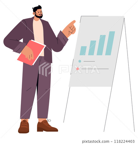 Confident businessman presenting growth chart, demonstrating corporate success and strategy planning. Vector illustration. Confident businessman presenting growth chart, demonstrating corporate success and strategy planning. Vector illustration. 118224403