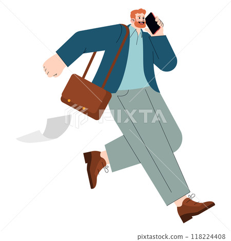 Busy businessman on the move, talking on the phone while briskly walking with a leather briefcase. Urban professional routinely multitasking. Vector illustration. 118224408