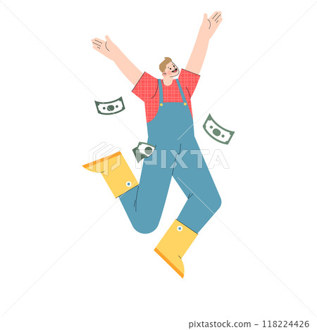 Joyful businessman jumping with money floating around, representing financial success and freedom. The image captures the excitement of prosperity. Vector illustration. 118224426