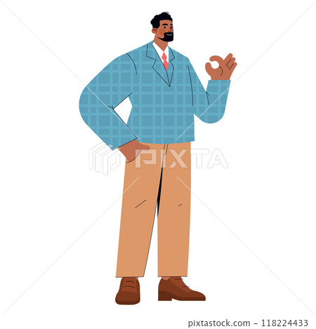 Inclusive business concept. Confident African businessman gesturing okay sign. Corporate diversity and success. Vector illustration. Inclusive business concept. Confident African businessman gesturing okay sign. Corporate diversity and success. Vector illustration. 118224433