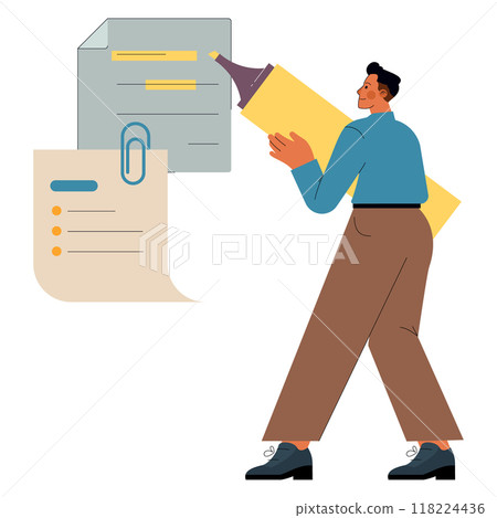 Inclusive work environment concept. An illustrated diverse businessman streamlines workflow with oversized documents. Office organization and efficiency. Vector illustration. Inclusive work environment concept. An illustrated diverse businessman streamlines workflow with oversized documents. Office organization and efficiency. Vector illustration. 118224436