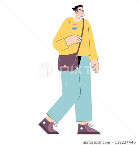 Inclusive Businessman Illustration. A contemporary male figure sporting a rainbow badge, radiating open-mindedness in the workplace. Vector illustration. 118224440
