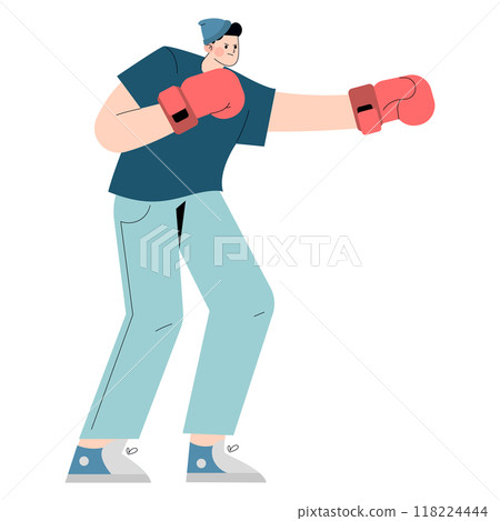 Confident businessman with boxing gloves. Overcoming business challenges with strength and determination. Vector illustration. Confident businessman with boxing gloves. Overcoming business challenges with strength and determination. Vector illustration. 118224444