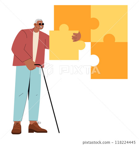 Inclusive strategy concept. A senior businessman with a cane contributes a puzzle piece to a solution. Diverse leadership shaping strategy. Vector illustration. 118224445