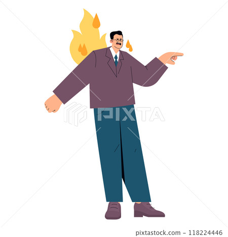 Dynamic businessman illustration. A confident executive with a fiery determination directs action. Corporate leadership concept. Vector illustration. 118224446