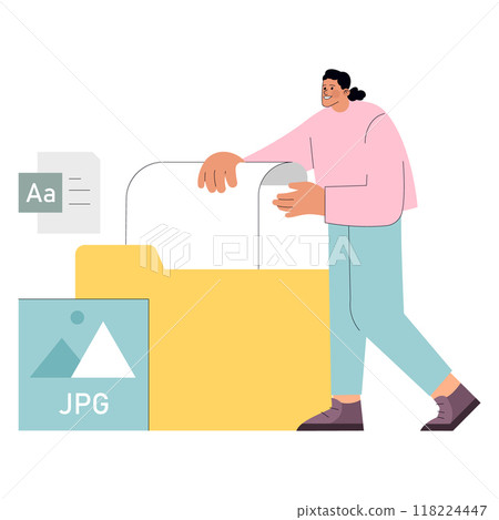 File Management concept. A businessman organizes digital documents into a folder. Efficient workflow and data organization. Vector illustration. 118224447