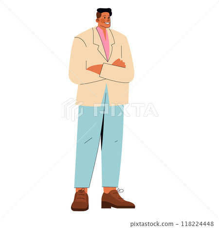 Confident businessman in casual attire standing with arms crossed, representing workplace diversity. Vector illustration. 118224448