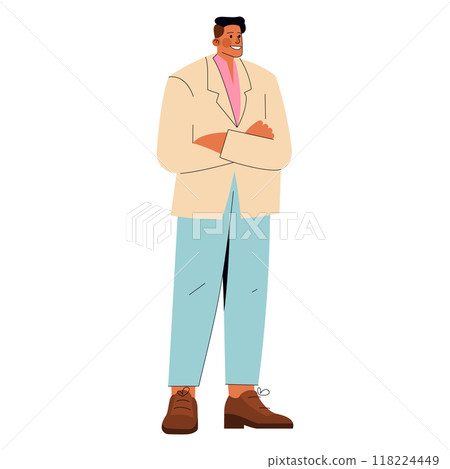 Diversity businessman concept. Confident male professional stands with arms crossed. Inclusion in the workplace, corporate leadership. Vector illustration. 118224449