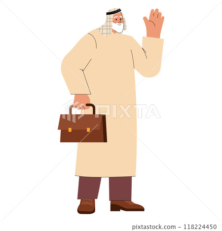 Middle Eastern businessman greeting concept. A friendly executive in traditional attire waves hello. Vector illustration of cross-cultural professional scenarios. 118224450