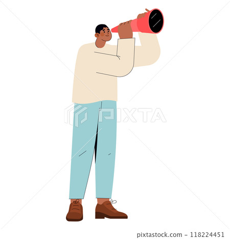 Diverse businessman concept. A professional man looks ahead through a telescope, searching for opportunities. Strategic vision in business. Vector illustration. 118224451