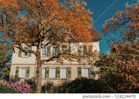 House with nice garden in fall. Flowers in the City Park of Bietigheim-Bissingen, Baden-Wuerttemberg, Germany, Europe. Autumn Park and house, nobody, bush and grenery House with nice garden in fall. Flowers in the City Park of Bietigheim-Bissingen, Baden-Wuerttemberg, Germany, Europe. Autumn Park and house, nobody, bush and grenery 118224470