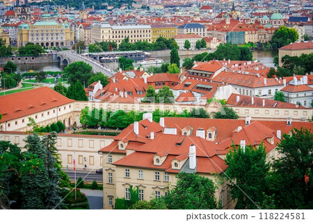 European city with red-roofed buildings and a river flowing through it 118224581