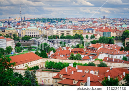 Orange Roofs and River Flowing Through Cityscape of Prague, Czech Republic Orange Roofs and River Flowing Through Cityscape of Prague, Czech Republic 118224588