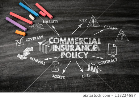COMMERCIAL INSURANCE POLICY. Black scratched textured chalkboard background COMMERCIAL INSURANCE POLICY. Black scratched textured chalkboard background 118224687