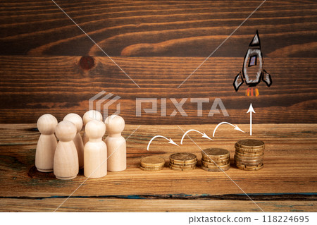 Earnings benefits and retirement plan concept. Money and miniature figures on a wooden background Earnings benefits and retirement plan concept. Money and miniature figures on a wooden background 118224695