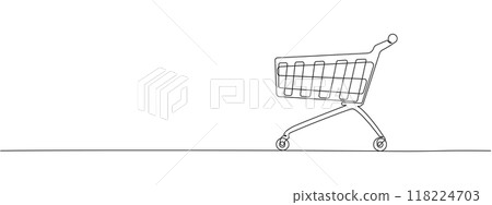 Shopping cart, drawing with one continuous line. Symbol of internet shopping, supermarkets . Shopping trolley shopping cart business concept. Vector editable illustration. Shopping cart, drawing with one continuous line. Symbol of internet shopping, supermarkets . Shopping trolley shopping cart business concept. Vector editable illustration. 118224703
