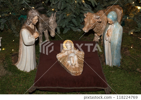 Christmas nativity scene Creche with Joseph Mary, Jesus and magi 118224769