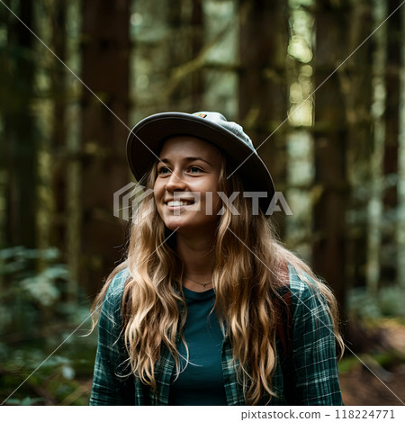 微笑著在森林裡散步的美國女人 118224771