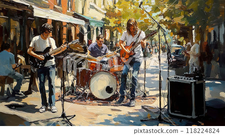 Street performers energize a lively downtown area with vibrant music on a sunny afternoon. Street performers energize a lively downtown area with vibrant music on a sunny afternoon. 118224824