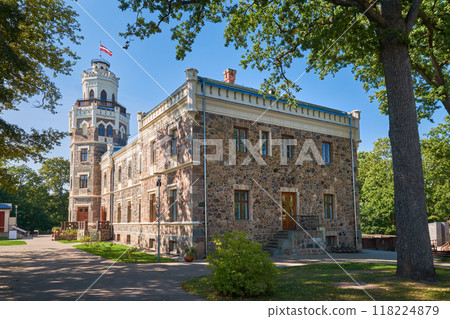 View of Latvian tourist landmark attraction - neogothic castle in Sigulda, Latvia. 118224879