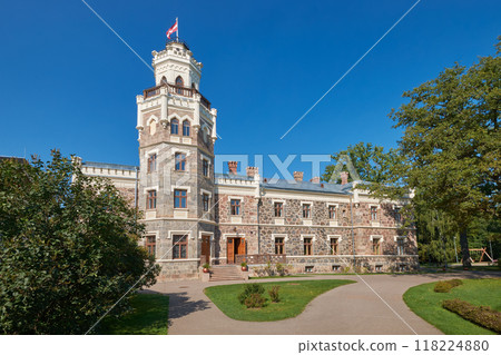 View of Latvian tourist landmark attraction -  neogothic castle in Sigulda city, Latvia. 118224880