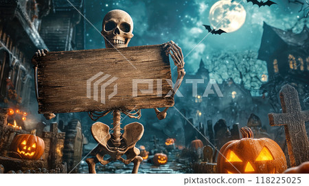Happy skeleton holds old blank wooden sign at night, dead person and jack pumpkins on Halloween. Theme of ads, horror, mockup, board, greeting, party 118225025